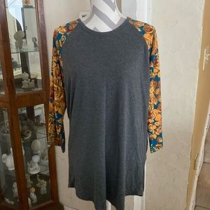 2XL Lularoe Randy baseball top-dark grey body with teal, brown, peach floral